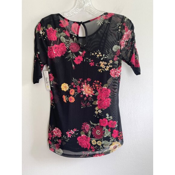 No Boundaries Mesh Rose Print Blouse Juniors XS-1 Black/Red Y2K - Picture 3 of 7